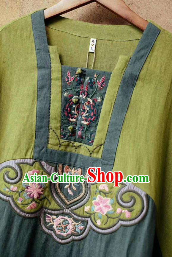 Chinese Traditional Women Fashion Embroidered Green Flax Dress National Clothing Chinese Traditional Women Fashion Embroidered Green Flax Dress National Clothing