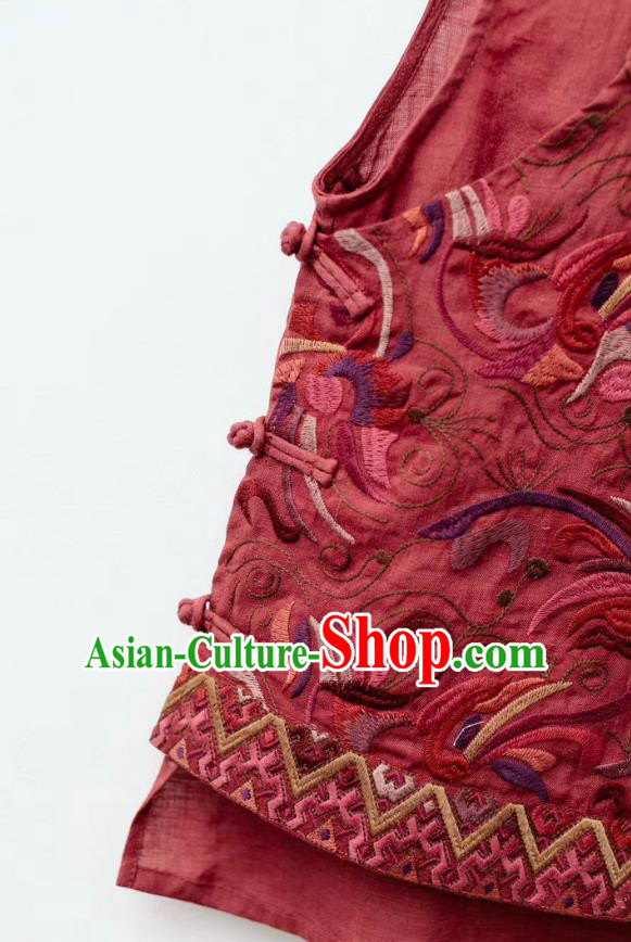 China Traditional Tang Suit Clothing National Waistcoat Embroidered Red Flax Vest