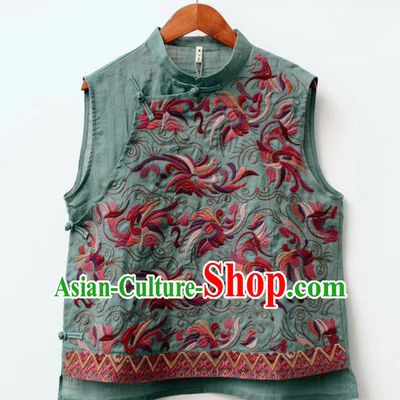 China National Waistcoat Embroidered Green Flax Vest Traditional Tang Suit Clothing