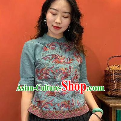 China Women Blue Flax Blouse National Embroidered Shirt Traditional Tang Suit Costume