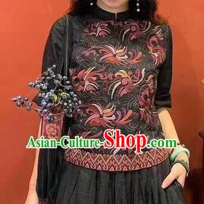 China National Embroidered Shirt Traditional Tang Suit Costume Women Black Flax Blouse