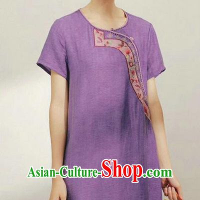 Chinese Embroidered Purple Flax Dress National Plated Buttons Clothing Traditional Women Fashion