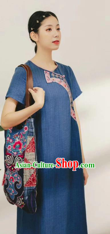 Chinese National Navy Blue Flax Dress Traditional Plated Buttons Clothing Women Embroidered Fashion