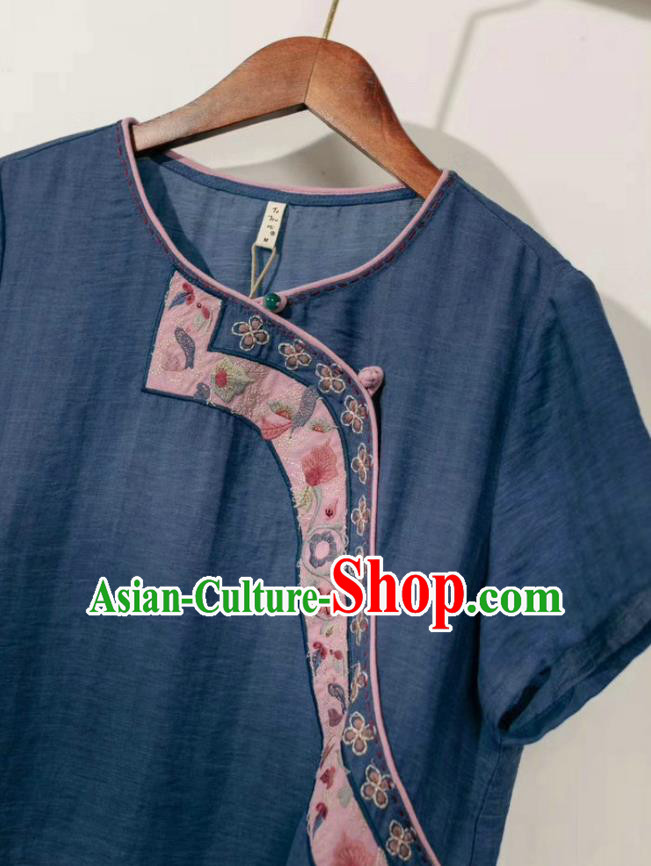 Chinese National Navy Blue Flax Dress Traditional Plated Buttons Clothing Women Embroidered Fashion