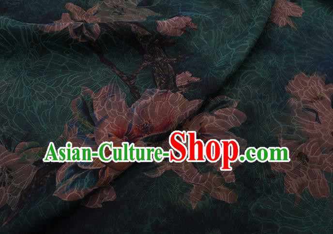 Chinese Classical Yulan Magnolia Pattern Silk Drapery Asian Traditional Cheongsam Deep Green Cloth Fabric Chinese Classical Yulan Magnolia Pattern Silk Drapery Asian Traditional Cheongsam Deep Green Cloth Fabric