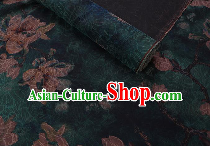 Chinese Classical Yulan Magnolia Pattern Silk Drapery Asian Traditional Cheongsam Deep Green Cloth Fabric Chinese Classical Yulan Magnolia Pattern Silk Drapery Asian Traditional Cheongsam Deep Green Cloth Fabric