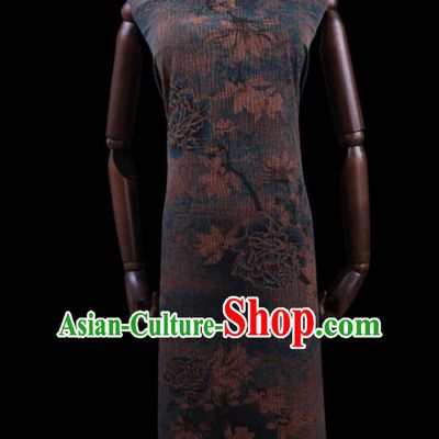 Asian Navy Watered Gauze Fabric Traditional Chinese Classical Peony Pattern Silk Drapery Cheongsam Cloth