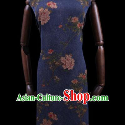 Asian Cheongsam Cloth Watered Gauze Drapery Traditional Chinese Classical Peony Pattern Deep Blue Gambiered Guangdong Silk Fabric