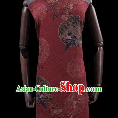 Chinese Traditional Gambiered Guangdong Silk Asian Cheongsam Cloth Drapery Classical Flower Bird Pattern Red Watered Gauze Fabric