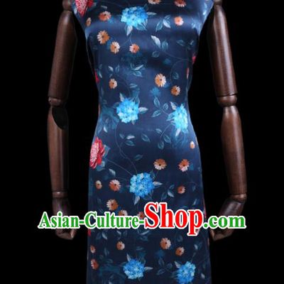 Chinese Classical Navy Watered Gauze Fabric Traditional Gambiered Guangdong Silk Asian Cheongsam Cloth Satin Drapery
