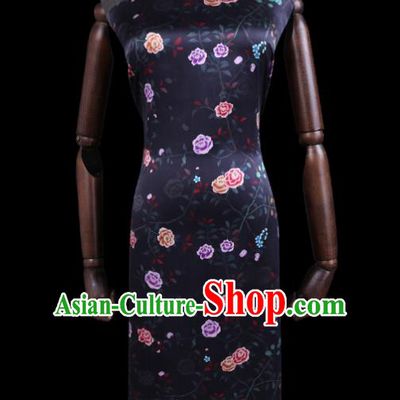 Chinese Traditional Gambiered Guangdong Silk Asian Cheongsam Cloth Satin Drapery Classical Rose Pattern Black Watered Gauze Fabric