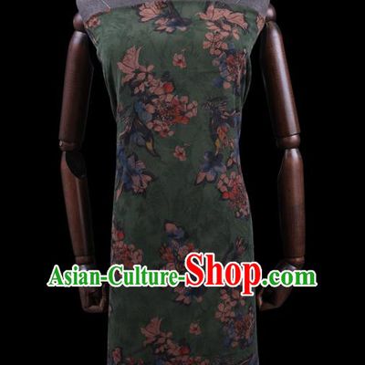 Chinese Classical Mangnolia Pattern Green Gambiered Guangdong Silk Fabric Watered Gauze Traditional Asian Cheongsam Cloth Drapery