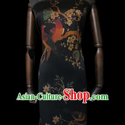 Chinese Classical Plum Birds Pattern Gambiered Guangdong Silk Traditional Cheongsam Fabric Black Watered Gauze