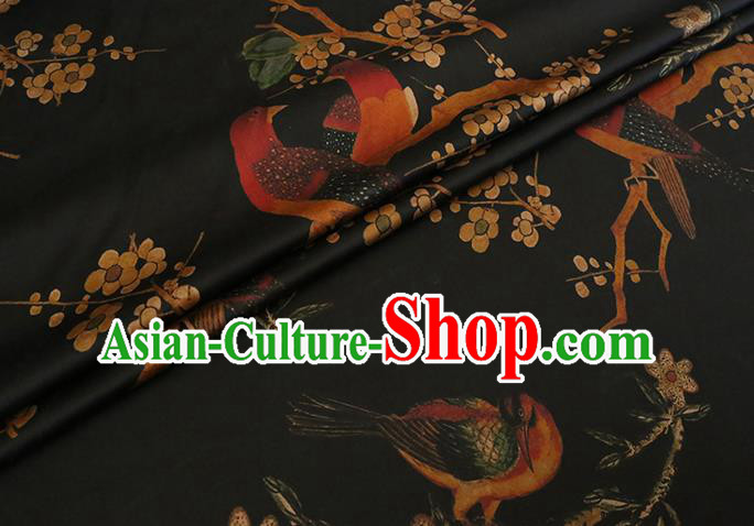 Chinese Classical Plum Birds Pattern Gambiered Guangdong Silk Traditional Cheongsam Fabric Black Watered Gauze