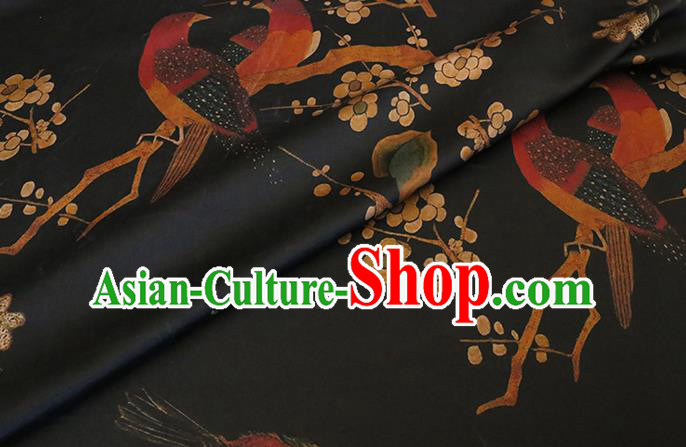Chinese Classical Plum Birds Pattern Gambiered Guangdong Silk Traditional Cheongsam Fabric Black Watered Gauze
