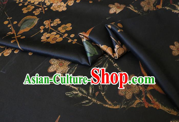Chinese Classical Plum Birds Pattern Gambiered Guangdong Silk Traditional Cheongsam Fabric Black Watered Gauze