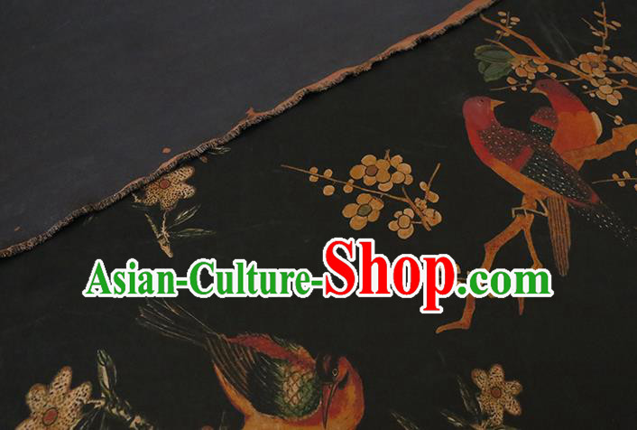 Chinese Classical Plum Birds Pattern Gambiered Guangdong Silk Traditional Cheongsam Fabric Black Watered Gauze
