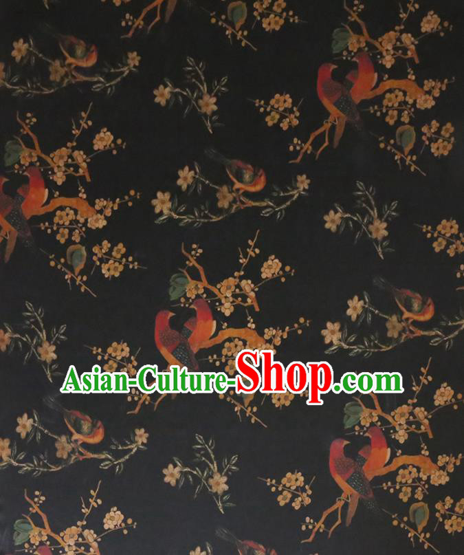 Chinese Classical Plum Birds Pattern Gambiered Guangdong Silk Traditional Cheongsam Fabric Black Watered Gauze