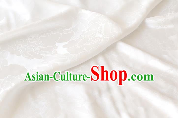 Traditional White Silk Drapery Chinese Cheongsam Classical Royal Peony Pattern Cloth Satin Fabric Traditional White Silk Drapery Chinese Cheongsam Classical Royal Peony Pattern Cloth Satin Fabric