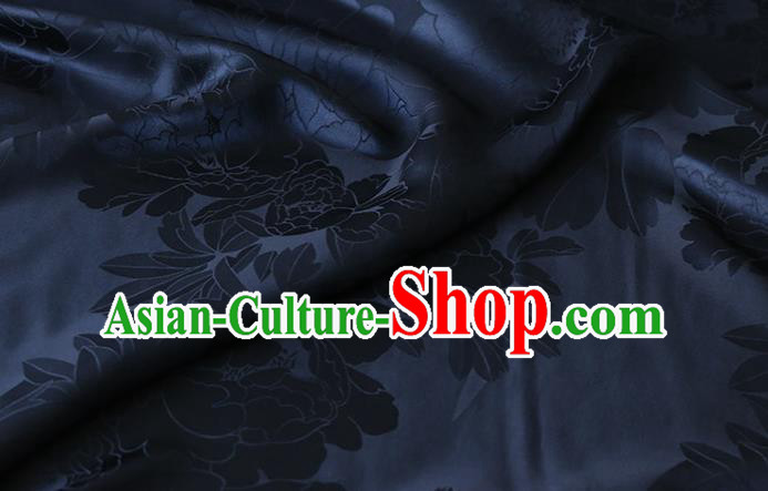 Chinese Cheongsam Classical Royal Peony Pattern Satin Fabric Cloth Traditional Navy Silk Drapery Chinese Cheongsam Classical Royal Peony Pattern Satin Fabric Cloth Traditional Navy Silk Drapery