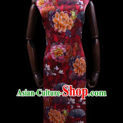 Chinese Classical Peony Pattern Satin Fabric Traditional Cheongsam Cloth Red Silk Drapery