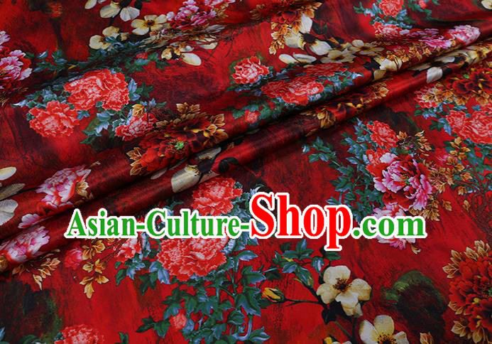 Chinese Red Silk Drapery Classical Peony Pattern Satin Fabric Traditional Cheongsam Cloth
