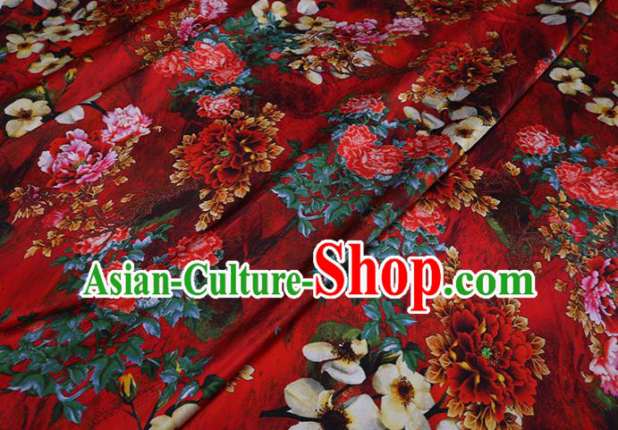 Chinese Red Silk Drapery Classical Peony Pattern Satin Fabric Traditional Cheongsam Cloth