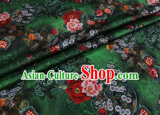 Chinese Green Silk Drapery Traditional Cheongsam Cloth Classical Peony Pattern Satin Fabric Chinese Green Silk Drapery Traditional Cheongsam Cloth Classical Peony Pattern Satin Fabric