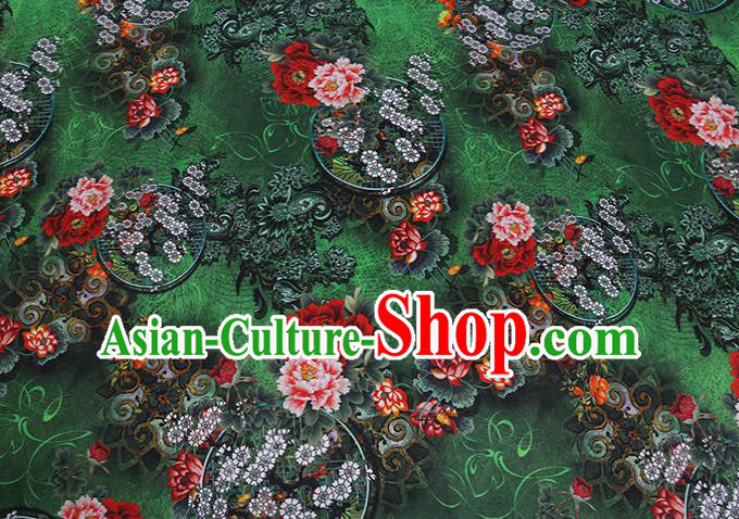 Chinese Green Silk Drapery Traditional Cheongsam Cloth Classical Peony Pattern Satin Fabric Chinese Green Silk Drapery Traditional Cheongsam Cloth Classical Peony Pattern Satin Fabric