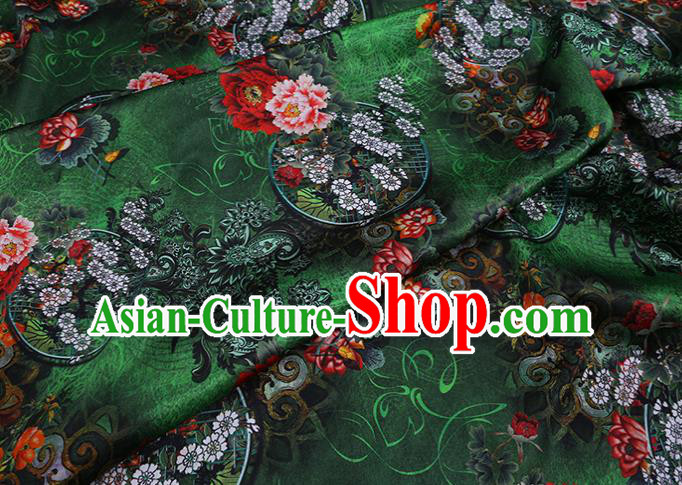 Chinese Green Silk Drapery Traditional Cheongsam Cloth Classical Peony Pattern Satin Fabric Chinese Green Silk Drapery Traditional Cheongsam Cloth Classical Peony Pattern Satin Fabric