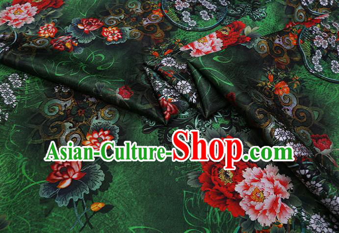 Chinese Green Silk Drapery Traditional Cheongsam Cloth Classical Peony Pattern Satin Fabric Chinese Green Silk Drapery Traditional Cheongsam Cloth Classical Peony Pattern Satin Fabric
