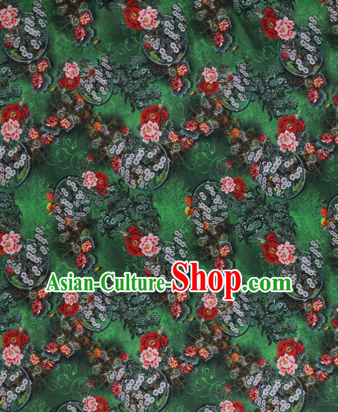Chinese Green Silk Drapery Traditional Cheongsam Cloth Classical Peony Pattern Satin Fabric Chinese Green Silk Drapery Traditional Cheongsam Cloth Classical Peony Pattern Satin Fabric