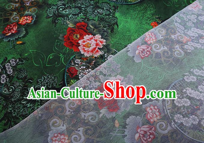Chinese Green Silk Drapery Traditional Cheongsam Cloth Classical Peony Pattern Satin Fabric Chinese Green Silk Drapery Traditional Cheongsam Cloth Classical Peony Pattern Satin Fabric
