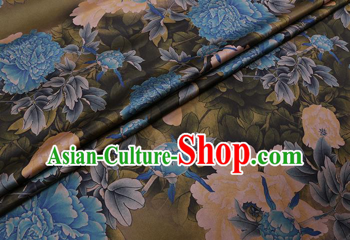 Chinese Classical Peony Pattern Olive Green Watered Gauze Traditional Cheongsam Gambiered Guangdong Silk Fabric