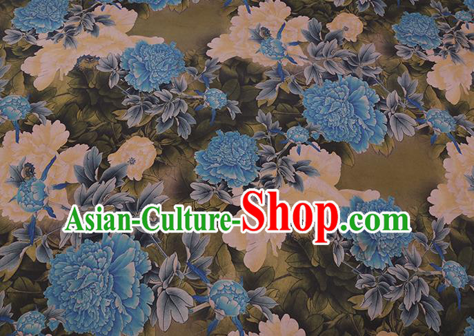 Chinese Classical Peony Pattern Olive Green Watered Gauze Traditional Cheongsam Gambiered Guangdong Silk Fabric