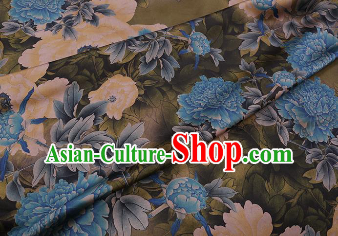 Chinese Classical Peony Pattern Olive Green Watered Gauze Traditional Cheongsam Gambiered Guangdong Silk Fabric