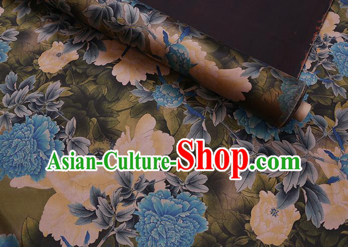 Chinese Classical Peony Pattern Olive Green Watered Gauze Traditional Cheongsam Gambiered Guangdong Silk Fabric