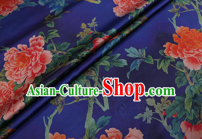 Chinese Classical Peony Pattern Royalblue Satin Fabric Watered Gauze Traditional Cheongsam Gambiered Guangdong Silk Chinese Classical Peony Pattern Royalblue Satin Fabric Watered Gauze Traditional Cheongsam Gambiered Guangdong Silk