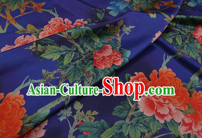 Chinese Classical Peony Pattern Royalblue Satin Fabric Watered Gauze Traditional Cheongsam Gambiered Guangdong Silk Chinese Classical Peony Pattern Royalblue Satin Fabric Watered Gauze Traditional Cheongsam Gambiered Guangdong Silk