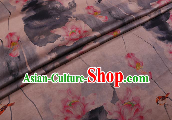 Chinese Classical Ink Lotus Pattern Watered Gauze Traditional Cheongsam Gambiered Guangdong Silk Fabric Chinese Classical Ink Lotus Pattern Watered Gauze Traditional Cheongsam Gambiered Guangdong Silk Fabric