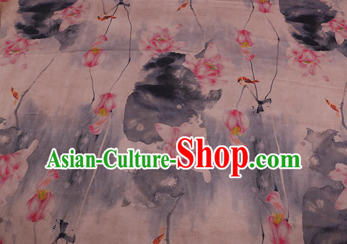 Chinese Classical Ink Lotus Pattern Watered Gauze Traditional Cheongsam Gambiered Guangdong Silk Fabric Chinese Classical Ink Lotus Pattern Watered Gauze Traditional Cheongsam Gambiered Guangdong Silk Fabric