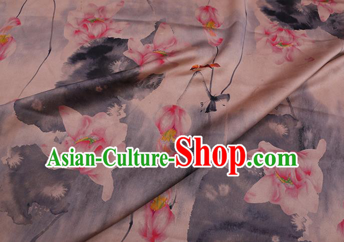 Chinese Classical Ink Lotus Pattern Watered Gauze Traditional Cheongsam Gambiered Guangdong Silk Fabric Chinese Classical Ink Lotus Pattern Watered Gauze Traditional Cheongsam Gambiered Guangdong Silk Fabric