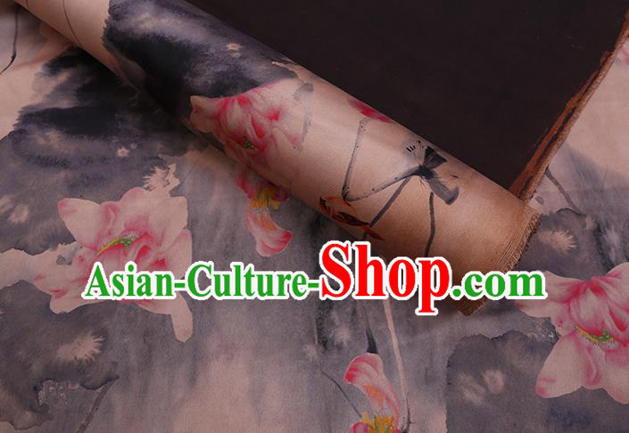 Chinese Classical Ink Lotus Pattern Watered Gauze Traditional Cheongsam Gambiered Guangdong Silk Fabric Chinese Classical Ink Lotus Pattern Watered Gauze Traditional Cheongsam Gambiered Guangdong Silk Fabric