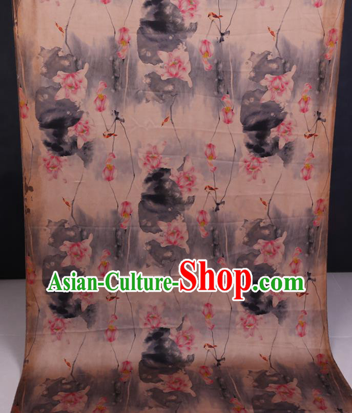 Chinese Classical Ink Lotus Pattern Watered Gauze Traditional Cheongsam Gambiered Guangdong Silk Fabric Chinese Classical Ink Lotus Pattern Watered Gauze Traditional Cheongsam Gambiered Guangdong Silk Fabric