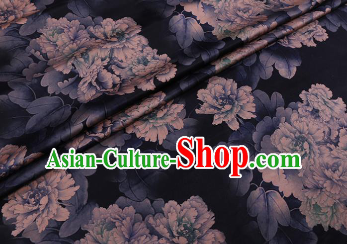 Chinese Classical Peony Pattern Black Watered Gauze Traditional Gambiered Guangdong Silk Cheongsam Fabric Chinese Classical Peony Pattern Black Watered Gauze Traditional Gambiered Guangdong Silk Cheongsam Fabric