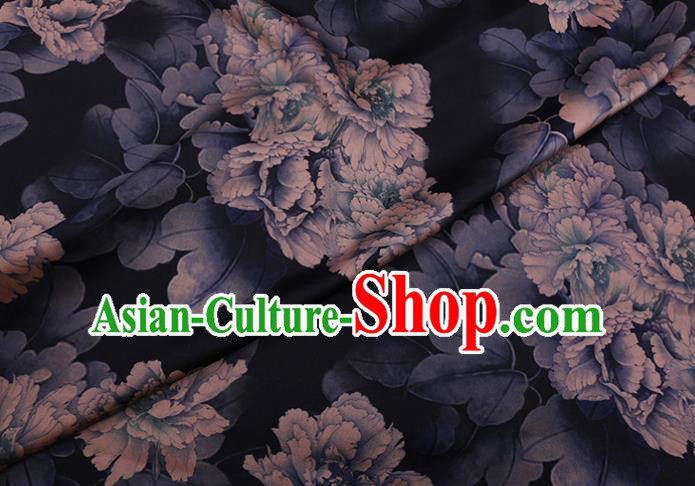 Chinese Classical Peony Pattern Black Watered Gauze Traditional Gambiered Guangdong Silk Cheongsam Fabric Chinese Classical Peony Pattern Black Watered Gauze Traditional Gambiered Guangdong Silk Cheongsam Fabric