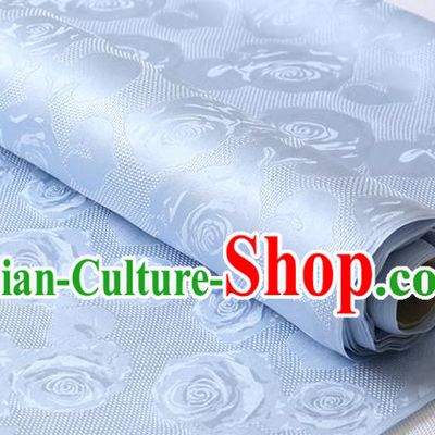 Chinese Classical Hollowed Rose Pattern Damask Traditional Jacquard Cloth Fabric Cheongsam Light Blue Silk Drapery
