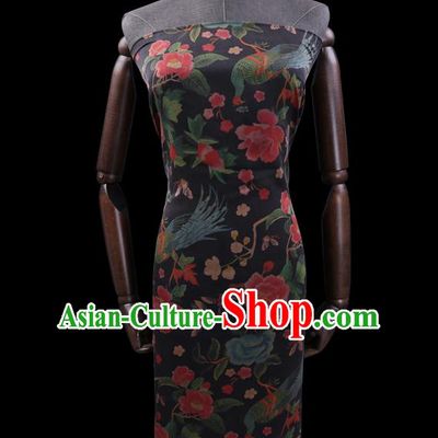 Chinese Black Silk Drapery Traditional Cheongsam Cloth Classical Peacock Peony Pattern Satin Fabric