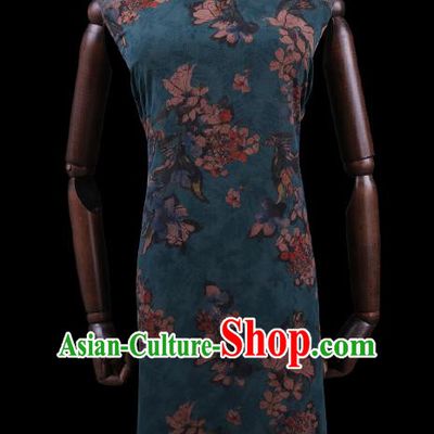 Chinese Watered Gauze Traditional Asian Cheongsam Cloth Drapery Classical Mangnolia Pattern Blue Gambiered Guangdong Silk Fabric