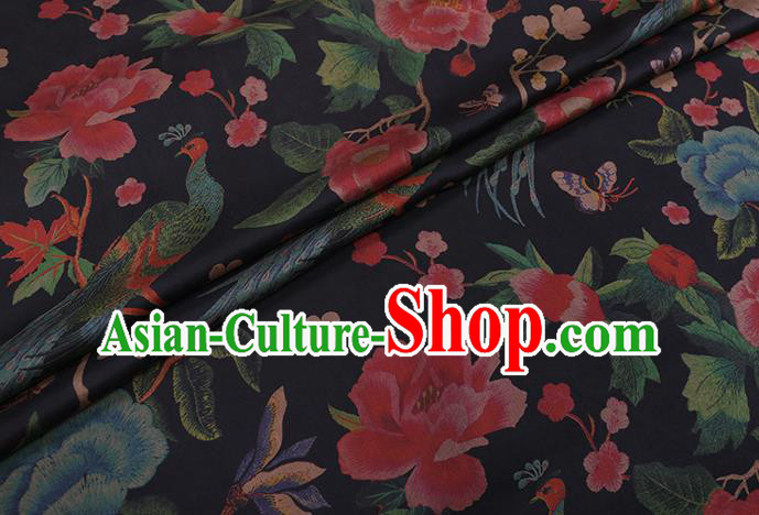 Chinese Black Silk Drapery Traditional Cheongsam Cloth Classical Peacock Peony Pattern Satin Fabric Chinese Black Silk Drapery Traditional Cheongsam Cloth Classical Peacock Peony Pattern Satin Fabric